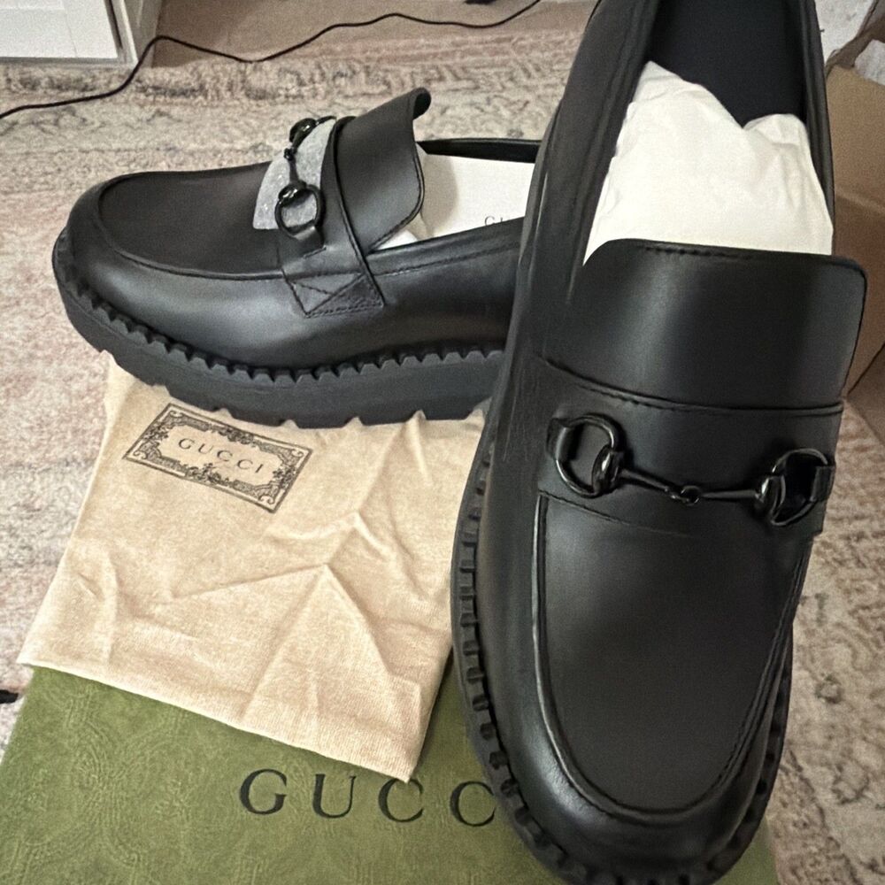 Gucci Men's Chunky Lug Sole Horsebit Loafers Black Leather 758593 UK 11 US 12